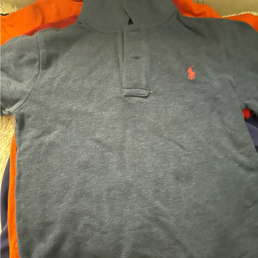 (4) collared polo shirts blue, red, orange, denim slightly worn